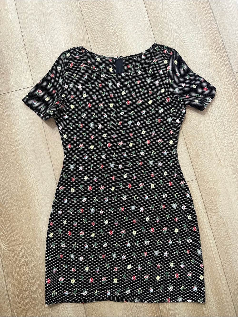 Vintage Black Mini Dress with Multicolor Floral Dot Print